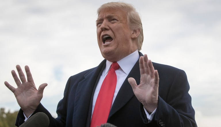 President Donald Trump talks to reporters about wanting to change the Fourteenth Amendment, before walking to Marine One on the South Lawn of the White House for a short flight to Andrews Air Force Base then on to Fort Myers, Fla., for a campaign rally ahead of the midterm elections, in Washington, Wednesday, Oct. 31, 2018.