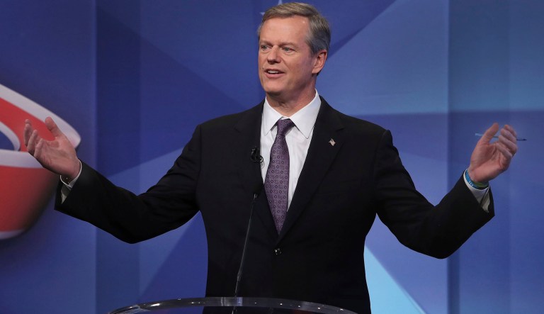 Republican Gov. Charles Baker, left, speaks during a debate with Democratic challenger Jay Gonzalez, Thursday, Nov. 1, 2018 in Needham, Mass.