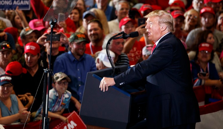 President Trump speaks during a campaign rally at Pensacola International Airport, Saturday, Nov. 3, 2018, in Pensacola, Fla. 