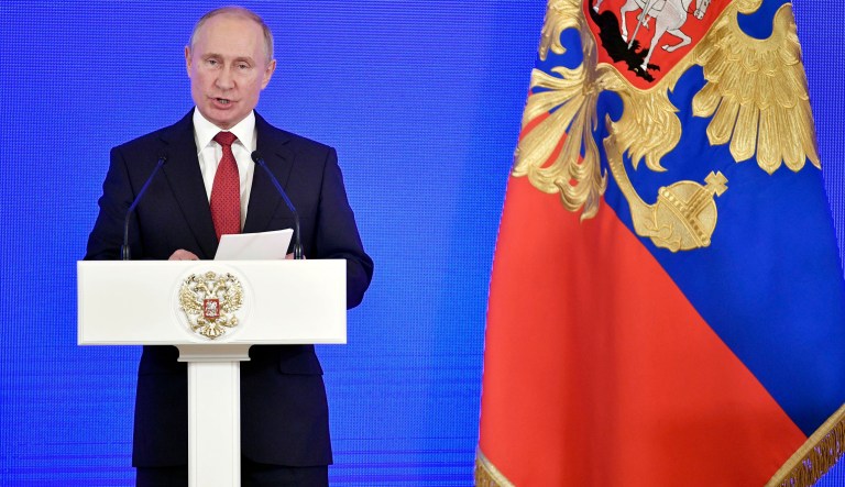 Russian President Vladimir Putin delivers a speech during a reception celebrating during National Unity Day in Moscow, Russia, Sunday, Nov. 4, 2018.