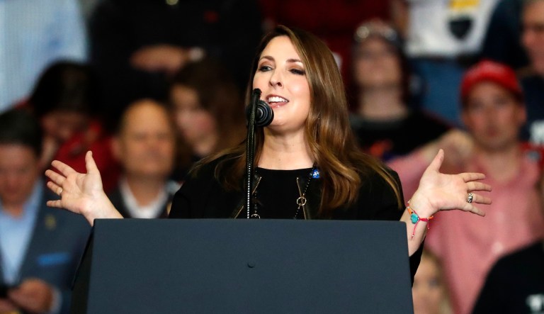 Chair of the Republican National Committee, Ronna McDaniel, speaks during a campaign rally Monday, Nov. 5, 2018, in Cape Girardeau, Mo.