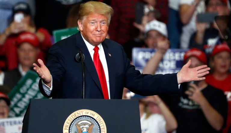 President Donald Trump speaks during a campaign rally Monday, Nov. 5, 2018, in Cape Girardeau, Mo.