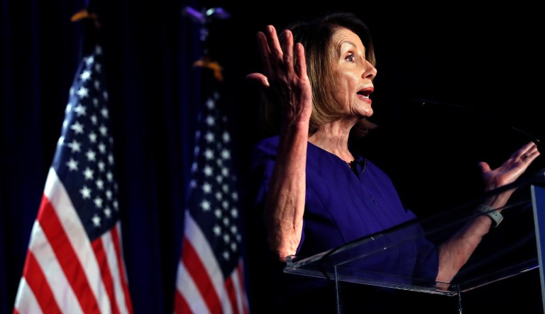 House Democratic Leader Nancy Pelosi of Calif., speaks to a crowd of volunteers and supporters of the Democratic party at an election night returns event at the Hyatt Regency Hotel, on Tuesday, Nov. 6, 2018, in Washington.