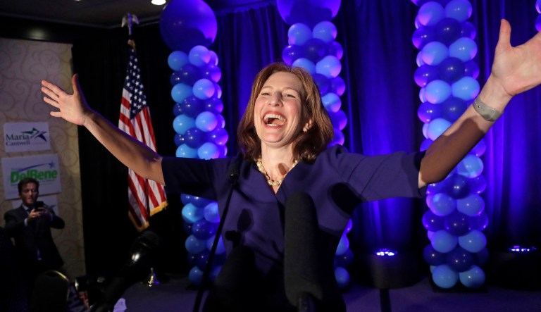Congressional candidate Kim Schrier addresses the crowd at an election night party for Democrats Tuesday, Nov. 6, 2018, in Bellevue, Wash.