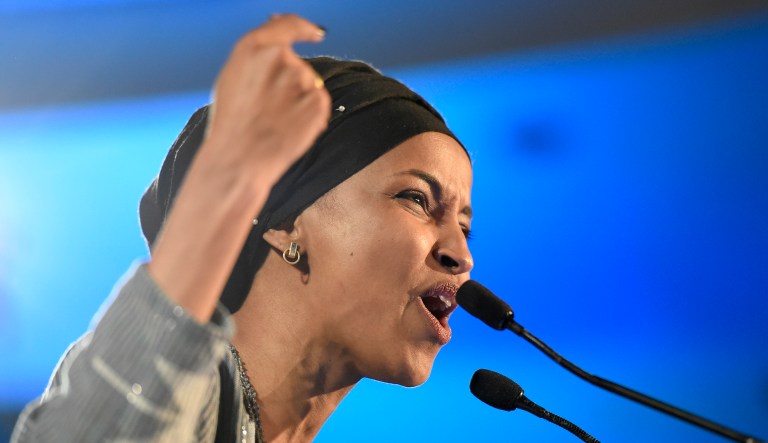 Democrat Ilhan Omar speaks after winning in Minnesota's 5th Congressional District race during an election night event held by the Democratic Party, Tuesday, Nov. 6, 2018, in St. Paul, Minn.