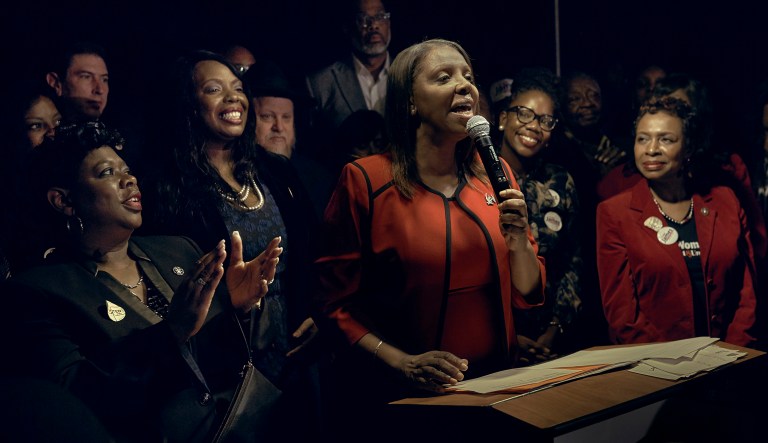 Democratic elected Attorney General New York Letitia James, center, speaks during her election night party in Brooklyn borough of New York, Tuesday, Nov. 6, 2018.