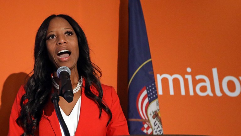 Republican U.S. Rep. Mia Love addresses supporters during an election night party.