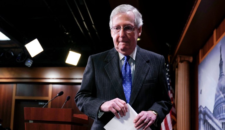 Senate Majority Leader Mitch McConnell, R-Ky., walks from the podium after speaking to members of the media at the Capitol in D.C.