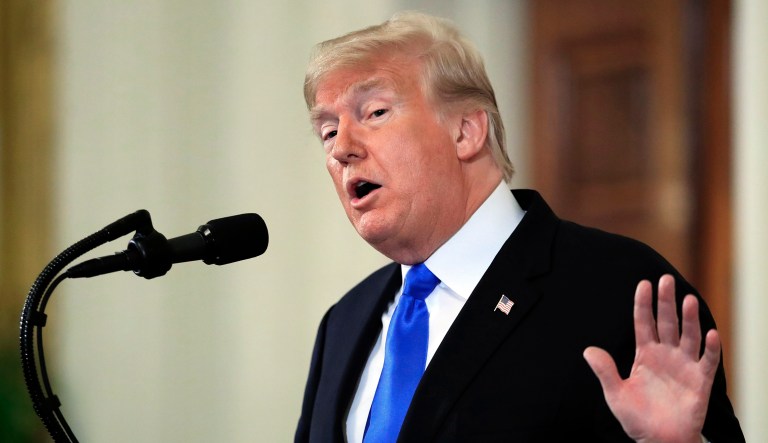 President Trump speaks during a news conference in the East Room at the White House in D.C.