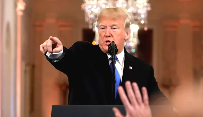 President Trump speaks during a news conference in the East Room of the White House in D.C.