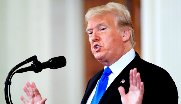President Trump speaks during a news conference in the East Room at the White House in D.C.