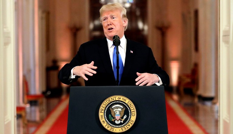 President Trump speaks during a news conference in the East Room of the White House in D.C.