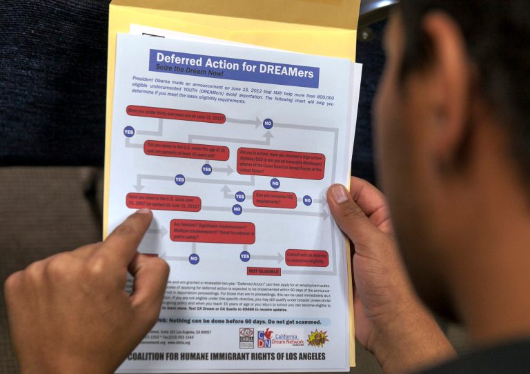 In this Aug. 15, 2012 file photo, a legal immigrant reads a guide of the conditions needed to apply for Obama-era Deferred Action for Childhood Arrivals (DACA) program.