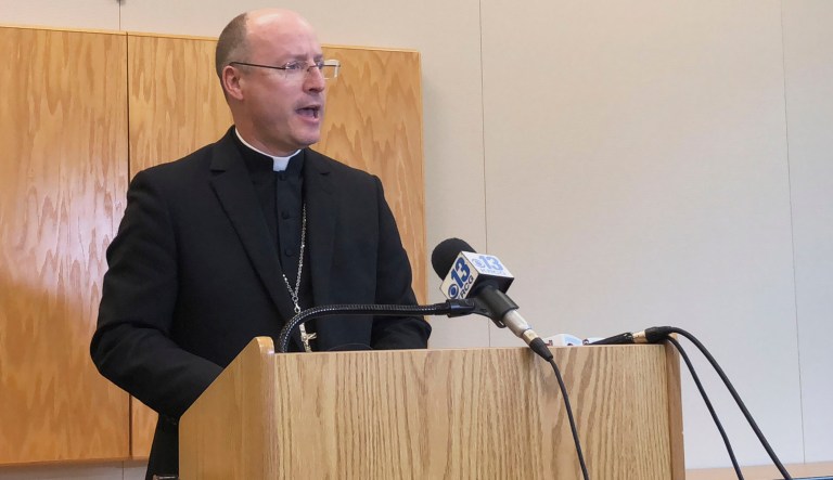 Bishop W. Shawn McKnight, of the Roman Catholic Diocese of Jefferson City, Mo., speaks at a news conference Thursday, Nov. 8, 2018. McKnight released a complete list of the names of 33 priests or religious brothers in the Jefferson City diocese have been "credibly accused" and/or removed from the ministry over sexual abuse of minor. This follows an internal investigation that began in February 2018.