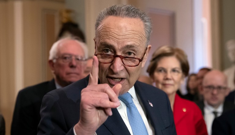 Senate Minority Leader Chuck Schumer, D-N.Y., speaks during a news conference at the Capitol in D.C.
