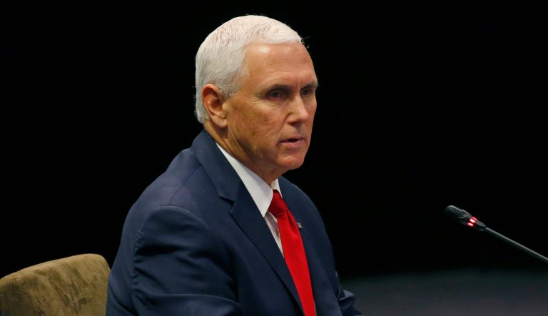 Vice President Mike Pence delivers his opening statement at the start of the ASEAN Summit, Thursday, Nov. 15, 2018 in Singapore.