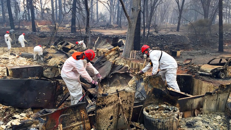 Volunteer rescue workers search for human remains in the rubble of burned homes in Paradise, Calif.