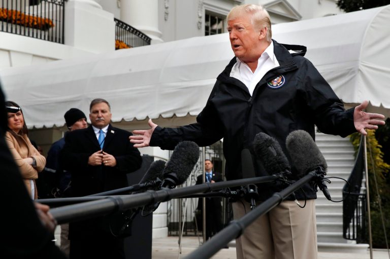 President Donald Trump answers questions from members of the media as he leaves the White House, Saturday Nov. 17, 2018, in Washington, en route to see fire damage in California.