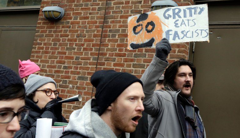 Protestors opposed to a "We The People" rally demonstrate near Market St. on Independence Mall Saturday in Philadelphia. Hundreds assembled to oppose the rally, which drew less than 50 supporters.