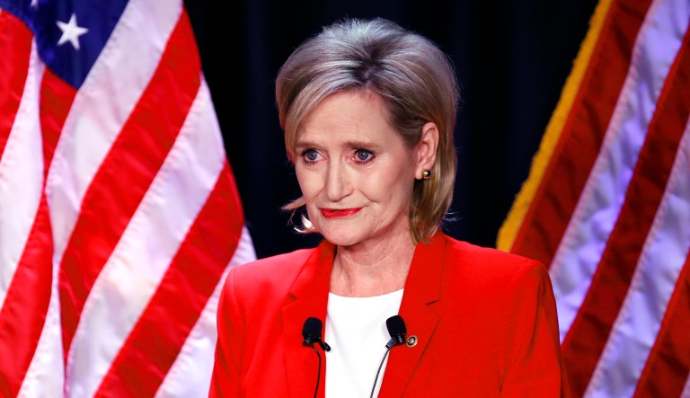 Appointed U.S. Sen. Cindy Hyde-Smith, R-Miss., answers a question during a televised Mississippi U.S. Senate debate with Democrat Mike Espy in Jackson, Miss., on Tuesday.