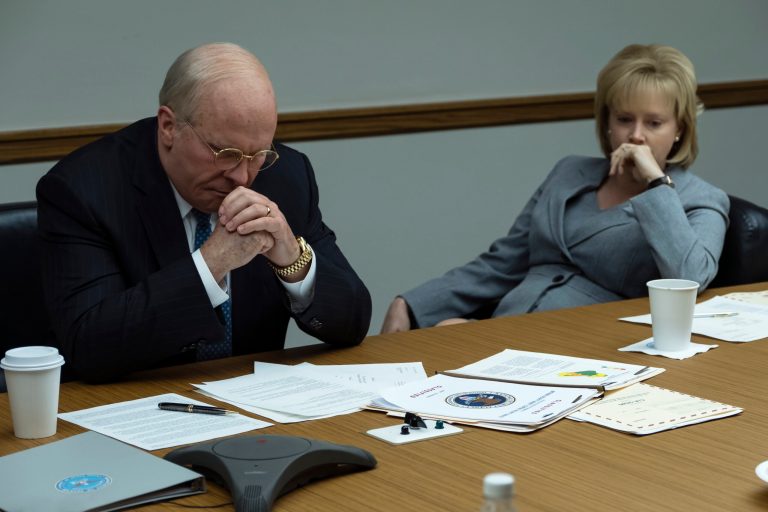This image released by Annapurna Pictures shows Christian Bale as Dick Cheney, left, and Amy Adams as Lynne Cheney in a scene from "Vice."