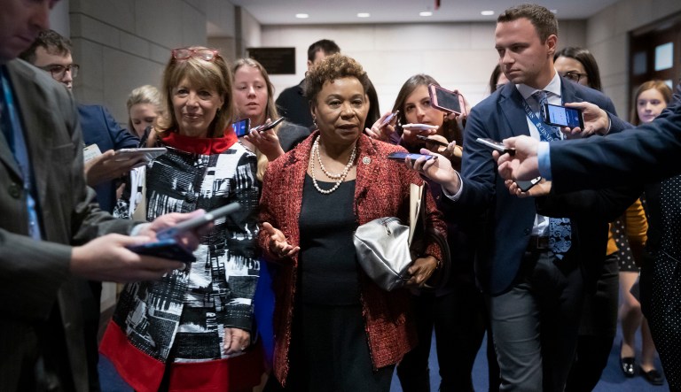 Rep. Barbara Lee, D-Calif., joined at left by Rep. Jackie Speier, D-Calif., is surrounded by reporters after she lost her bid for House Democratic Caucus chair to Rep. Hakeem Jeffries, D-N.Y., during leadership elections at the Capitol in Washington, Wednesday, Nov. 28, 2018.