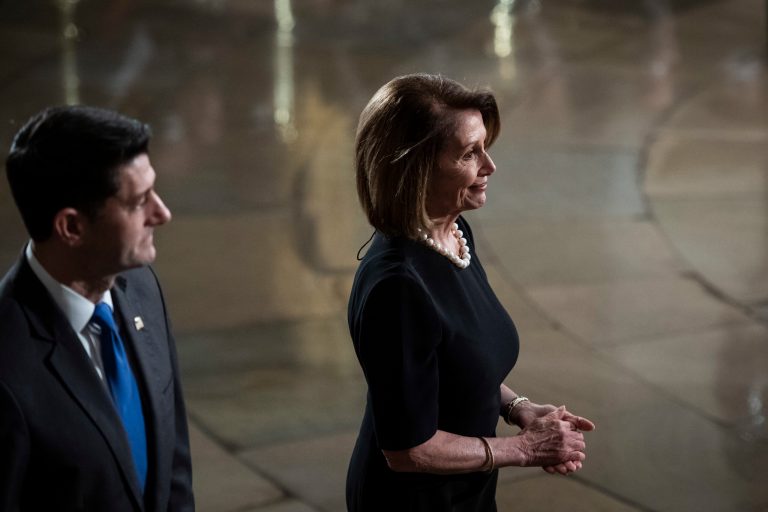 Outgoing Speaker Paul Ryan and likely incoming Democratic Speaker Nancy Pelosi walk away after paying their respects to former president George H.W. Bush at the Capitol on Capitol Hill in Washington, Monday, Dec. 3, 2018.