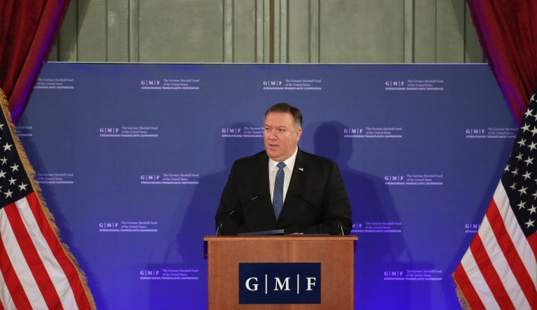 Secretary of State Mike Pompeo speaks during an event at the Concert Noble in Brussels, Tuesday, Dec. 4, 2018. Pompeo is in Brussels to attend a two-day meeting of NATO foreign ministers.