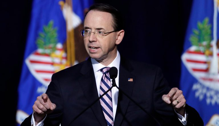 Deputy Attorney General Rod J. Rosenstein gives opening remarks at the Project Safe Neighborhoods National Conference in Kansas City, Mo., Wednesday, Dec. 5, 2018. 