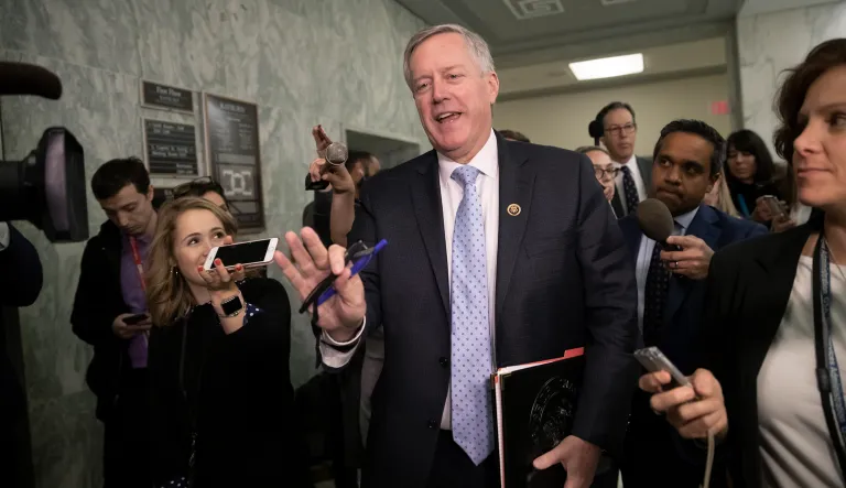 Rep. Mark Meadows, R-N.C., chairman of the conservative House Freedom Caucus, is met by reporters during a day of subpoenaed testimony from former FBI Director James Comey before the GOP-led House Judiciary and Oversight committees, on Capitol Hill in Washington, Friday, Dec. 7, 2018.