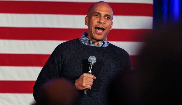 Sen. Cory Booker, D-N.J., speaks at a post-midterm election victory celebration in Manchester, N.H., on Saturday, Dec. 8, 2018.