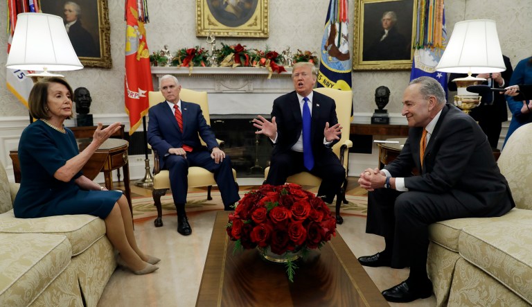 President Trump and Vice President Mike Pence meet with Senate Minority Leader Chuck Schumer, D-N.Y., and House Minority Leader  Nancy Pelosi, D-Calif., in the Oval Office of the White House, Tuesday, Dec. 11, 2018, in Washington.