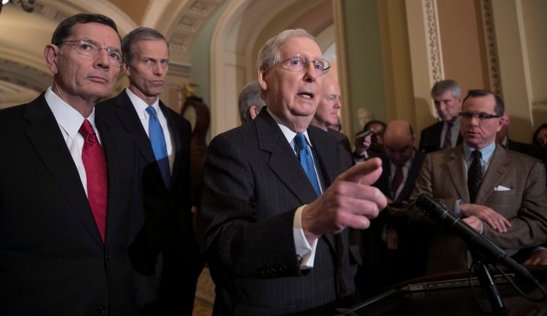 Senate Majority Leader Mitch McConnell, R-Ky., joined from left by Sen. John Barrasso, R-Wyo., and Sen. John Thune, R-S.D., speak following their weekly strategy session, at the Capitol in Washington, Tuesday, Dec. 11, 2018.