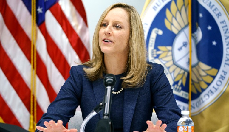 New Bureau of Consumer Financial Protection Director Kathy Kraninger speaks to media at the Bureau of Consumer Financial Protection offices in Washington, D.C.