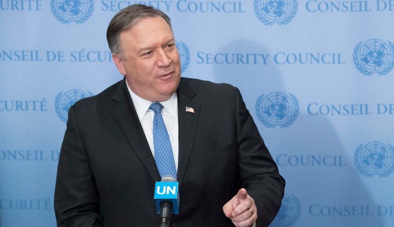 Secretary of State Mike Pompeo speaks to reporters.