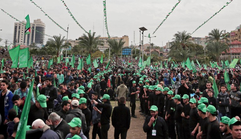 Supporters attend a mass rally marking the 31st anniversary of the founding of Hamas, an Islamic political party, which has an armed wing of the same name, that currently rules in Gaza, Sunday, Dec. 16, 2018, in Gaza city.
