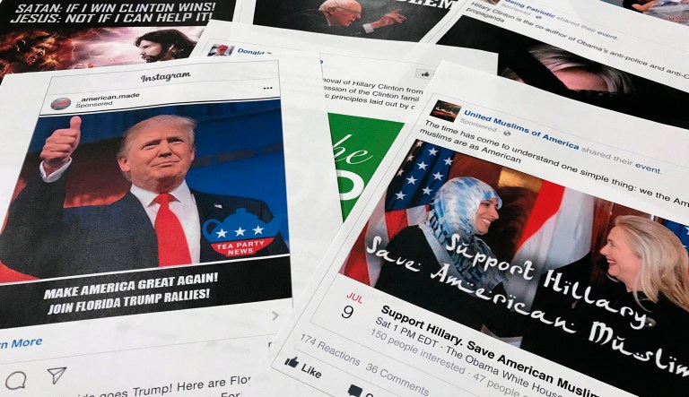 Some of the Facebook and Instagram ads linked to a Russian effort to disrupt the American political process and stir up tensions around divisive social issues, released by members of the U.S. House Intelligence committee, are photographed in Washington, on Wednesday, Nov. 1, 2017. 