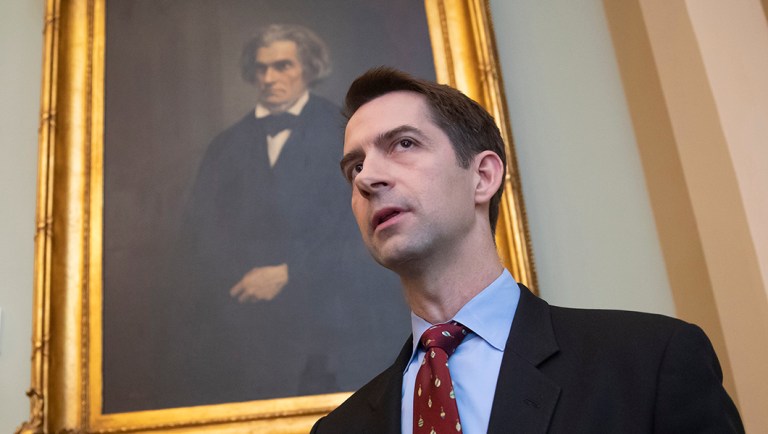 Sen. Tom Cotton, R-Ark., speaks to reporters as he arrives for a meeting with fellow Republicans, on Capitol Hill in Washington. Legislation to ease federal sentencing laws is pitting conservatives against each other as President Donald Trump looks to score a major legislative win before the end of the year. (AP Photo/J. Scott Applewhite, File)