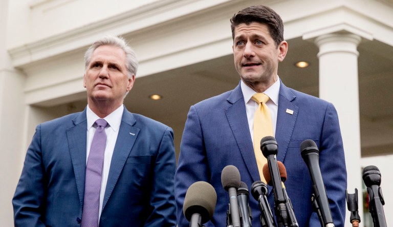 House Speaker Paul Ryan, R-Wis., right, accompanied by House Majority Leader Kevin McCarthy, R-Calif., left, speaks to reporters outside the West Wing of the White House in D.C.