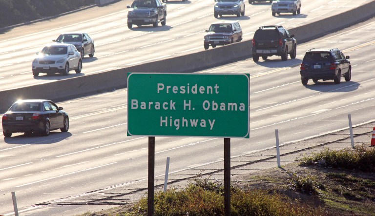 Signs have gone up naming a section of a Los Angeles-area freeway as the President Barack H. Obama Highway, seen from Pasadena, Calif., Thursday, Dec. 20, 2018. 