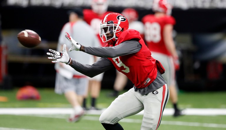 Georgia wide receiver Jeremiah Holloman (9) goes through drills during practice at the Superdome in New Orleans, Friday, Dec. 28, 2018. Georgia faces Texas in the Sugar Bowl NCAA college football game on Jan. 1, 2019.