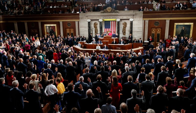House Speaker Nancy Pelosi administers the oath to members of the 116th Congress at the U.S. Capitol in Washington, Thursday, Jan. 3, 2019.