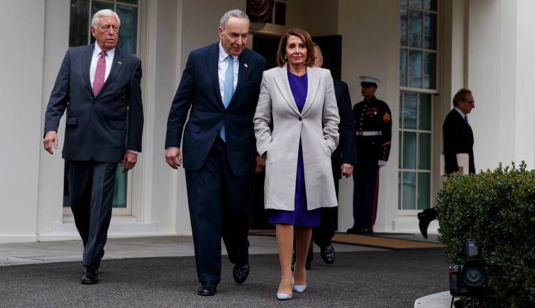 Rep. Steny Hoyer, D-Md., Senate Minority Leader Chuck Schumer, D-N.Y., and Speaker of the House Nancy Pelosi of Calif., walk to speak with reporters after meeting with President Trump about border security in the Situation Room of the White House, Friday, Jan. 4, 2019, in Washington.