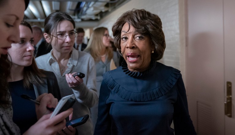 Rep. Maxine Waters, D-Calif., chair of the House Committee on Financial Services, is asked by reporters about comments by Rep. Rashida Tlaib, D-Mich., who used profanity to describe President Trump and call for his impeachment, at the Capitol in Washington, Friday, Jan. 4, 2019.
