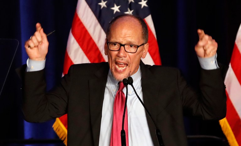 In this this Nov. 6, 2018 photo, Tom Perez, Chairman of the Democratic National Committee, speaks to a crowd of Democratic supporters in Washington.