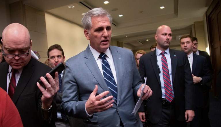 House Minority Leader Kevin McCarthy of Calif., speaks to reporters after a House Republican strategy meeting with Vice President Mike Pence ahead of President Trump's speech on funding a wall on the US-Mexico border, at the Capitol in Washington, Tuesday, Jan. 8, 2019.