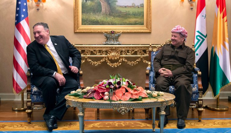 U.S. Secretary of State Mike Pompeo, left, meets with Masoud Barzani leader of the Kurdistan Democratic Party (KDP) in the province's capital Irbil, Iraq, Wednesday, Jan. 9, 2019. 