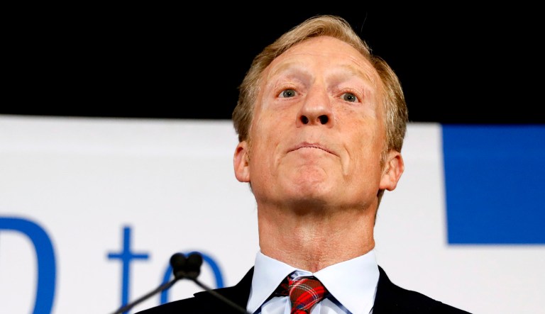 Billionaire investor and Democratic activist Tom Steyer speaks during a news conference in Des Moines, Iowa.