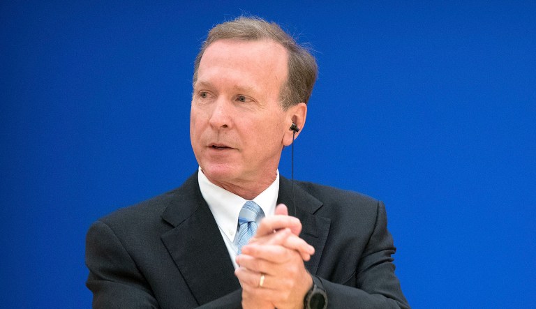 Neil Bush, left, son of former U.S. President George H.W. Bush, is introduced at an event.