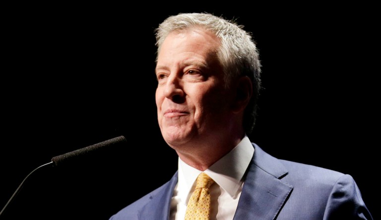New York City Mayor Bill de Blasio speaks.